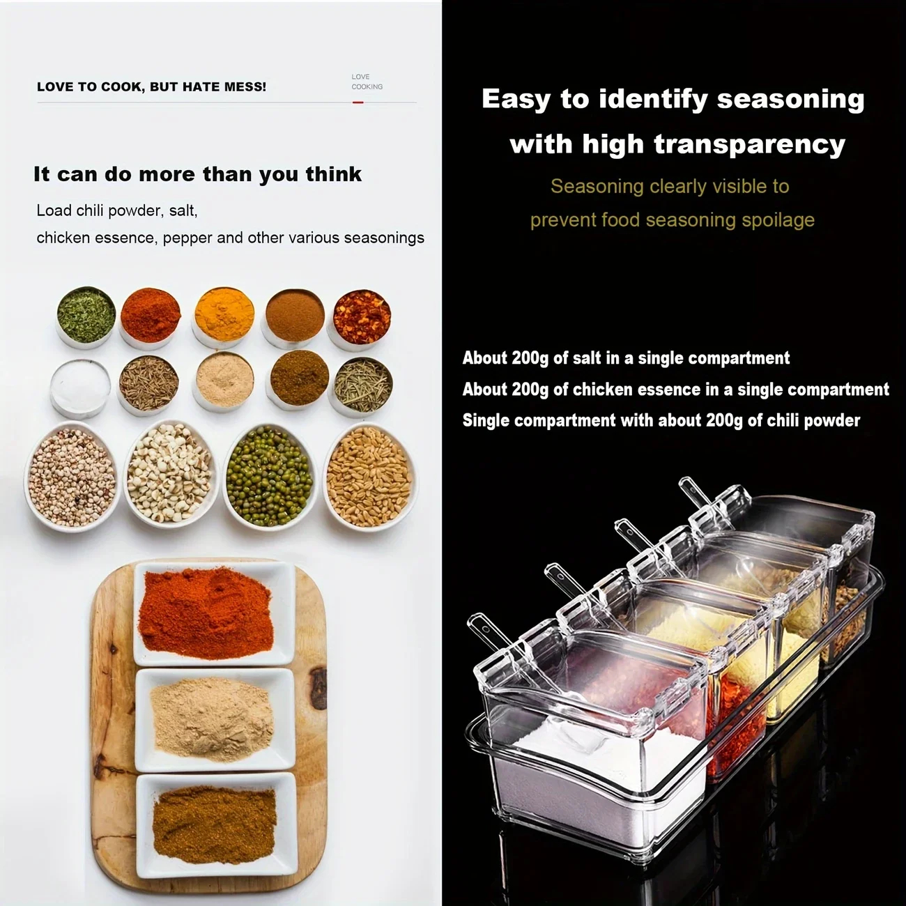Picture of 4 Grids Kitchen Transparent Seasoning Box Used For Salt Sugar And Pepper Clear Acrylic Seasoning Box with Cover and Spoon