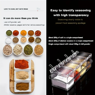 Picture of 4 Grids Kitchen Transparent Seasoning Box Used For Salt Sugar And Pepper Clear Acrylic Seasoning Box with Cover and Spoon