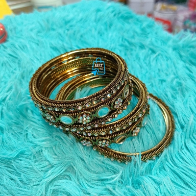 Picture of Glass-Cut Stone & Bead Traditional Churi Bangles for Women – 6 Pieces-Gold