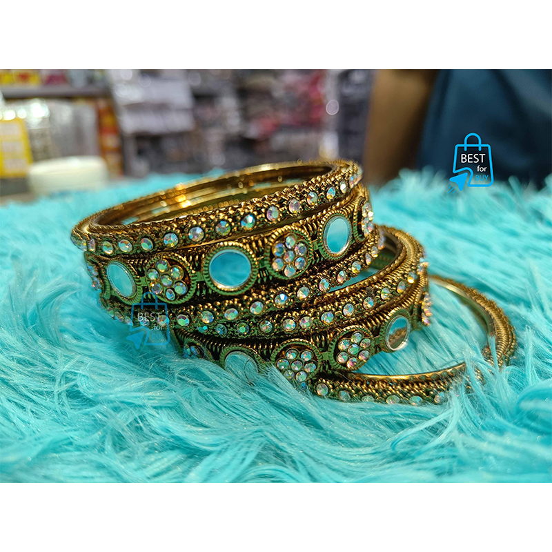 Picture of Glass-Cut Stone & Bead Traditional Churi Bangles for Women – 6 Pieces-Gold