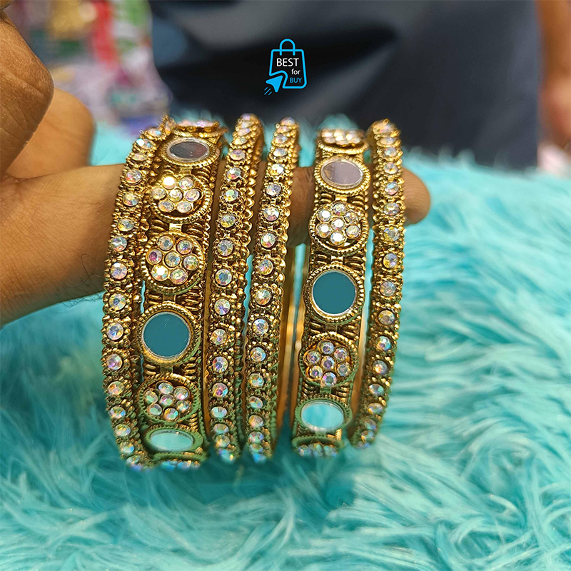 Picture of Glass-Cut Stone & Bead Traditional Churi Bangles for Women – 6 Pieces-Gold