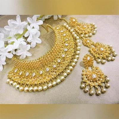 Picture of Gold-Plated Wedding Choker, Earrings & Tikli Set for Women – Free Size-Gold