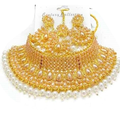 Picture of Gold-Plated Wedding Choker, Earrings & Tikli Set for Women – Free Size-Gold