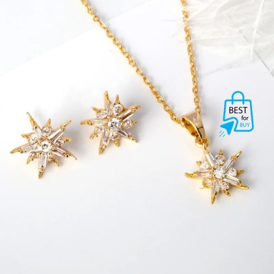 Picture of Star-Light Zircon Pendant Necklace & Earrings Set for Women-Gold