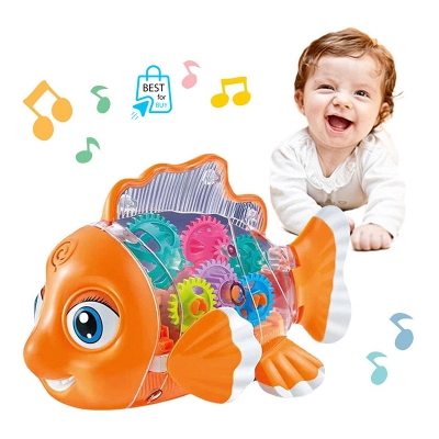 Picture of Transparent Gear Fish Toy for Kids – LED Lights, Music & Movement-Orange