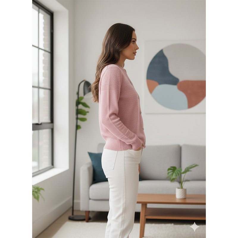 Picture of Women's Long Sleeve Sweater Open Front Cardigan Button Closer Outerwear Winter Dress Casual Solid Color Sweaters - PBD Pink - Int:28