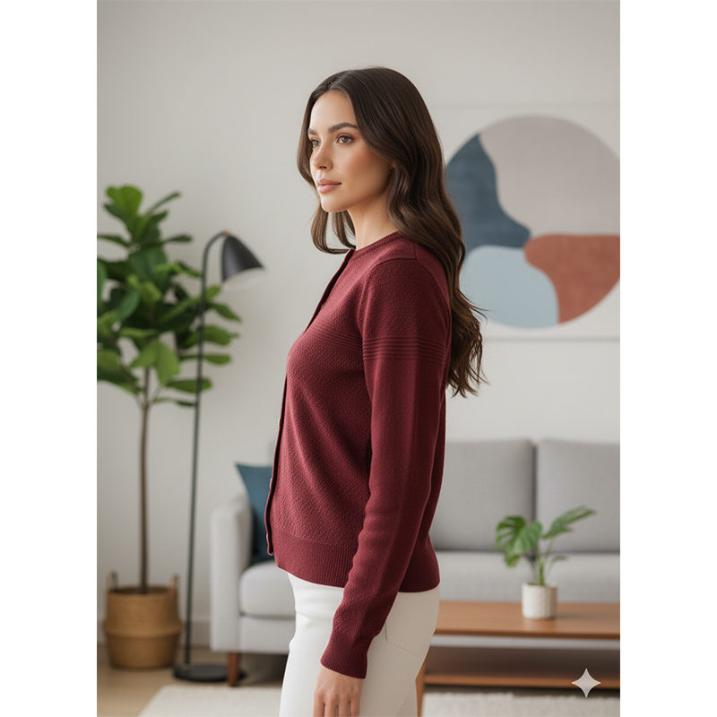 Picture of Women's Long Sleeve Sweater Open Front Cardigan Button Closer Outerwear Winter Dress Casual Solid Color Sweaters - PBD Maroon - Int:28