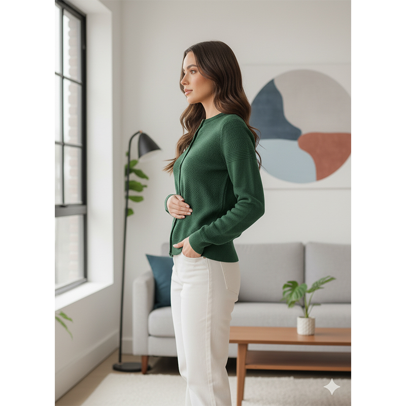 Picture of Women's Long Sleeve Sweater Open Front Cardigan Button Closer Outerwear Winter Dress Casual Solid Color Sweaters - PBD Deep Green - Int:28