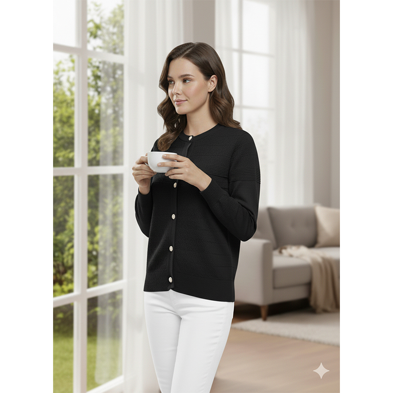 Picture of Women's Long Sleeve Sweater Open Front Cardigan Button Closer Outerwear Winter Dress Casual Solid Color Sweaters - PBD Black - Int:38