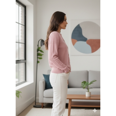 Picture of Women's Long Sleeve Sweater Open Front Cardigan Button Closer Outerwear Winter Dress Casual Solid Color Sweaters - PBD Pink - Int:32