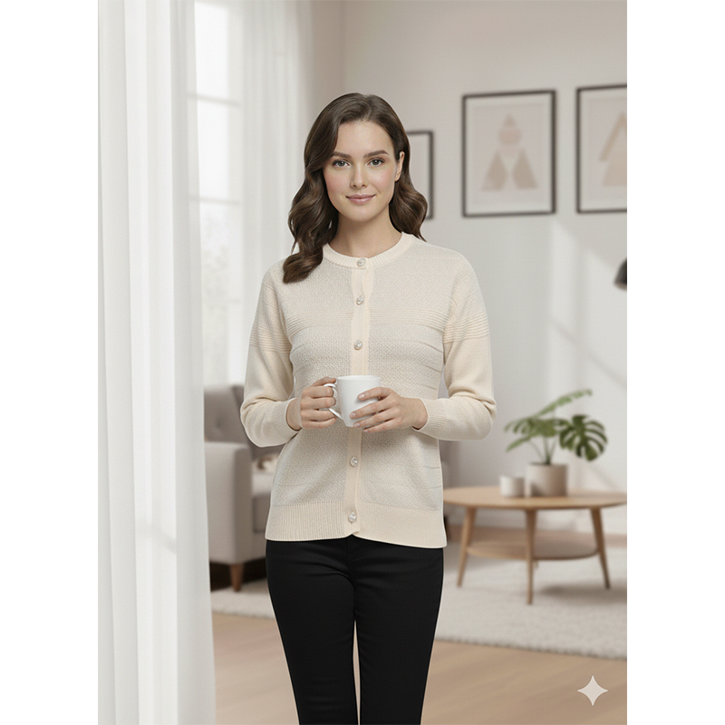 Picture of Women's Long Sleeve Sweater Open Front Cardigan Button Closer Outerwear Winter Dress Casual Solid Color Sweaters - PBD Off White - Int:32