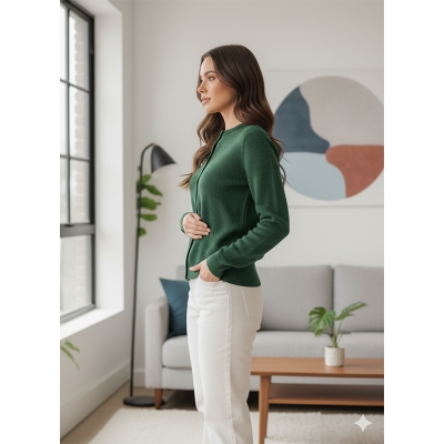 Picture of Women's Long Sleeve Sweater Open Front Cardigan Button Closer Outerwear Winter Dress Casual Solid Color Sweaters - PBD Deep Green - Int:38