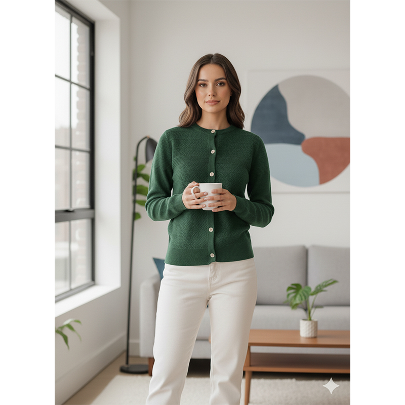 Picture of Women's Long Sleeve Sweater Open Front Cardigan Button Closer Outerwear Winter Dress Casual Solid Color Sweaters - PBD Deep Green - Int:38