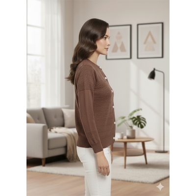Picture of Women's Long Sleeve Sweater Open Front Cardigan Button Closer Outerwear Winter Dress Casual Solid Color Sweaters - PBD coffee - Int:30