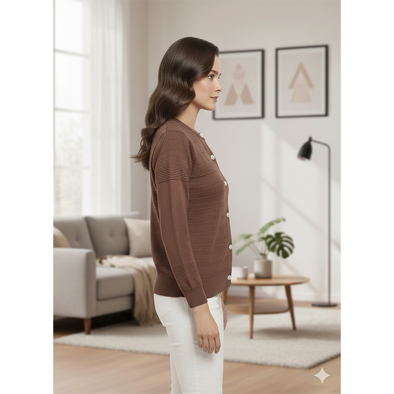 Picture of Women's Long Sleeve Sweater Open Front Cardigan Button Closer Outerwear Winter Dress Casual Solid Color Sweaters - PBD coffee - Int:36