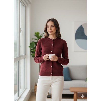Picture of Women's Long Sleeve Sweater Open Front Cardigan Button Closer Outerwear Winter Dress Casual Solid Color Sweaters - PBD Maroon - Int:38