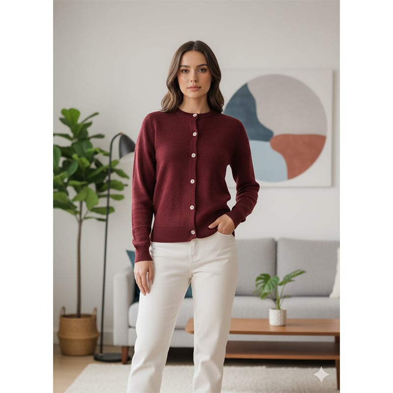 Picture of Women's Long Sleeve Sweater Open Front Cardigan Button Closer Outerwear Winter Dress Casual Solid Color Sweaters - PBD Maroon - Int:38