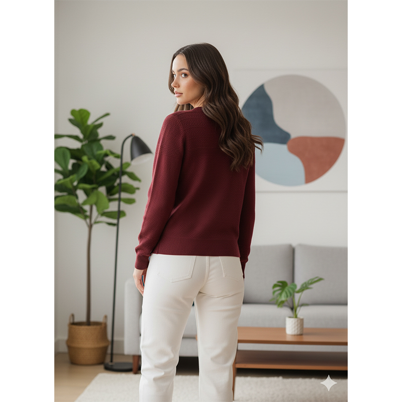 Picture of Women's Long Sleeve Sweater Open Front Cardigan Button Closer Outerwear Winter Dress Casual Solid Color Sweaters - PBD Maroon - Int:32