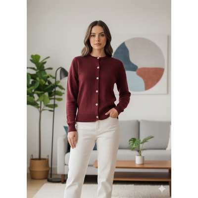 Picture of Women's Long Sleeve Sweater Open Front Cardigan Button Closer Outerwear Winter Dress Casual Solid Color Sweaters - PBD Maroon - Int:30
