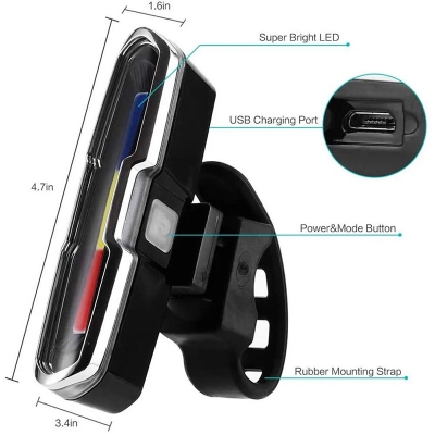 Picture of Bicycle 5 Modes LED USB Rechargeable Sleek Design Tail Light with Multicolor Lights