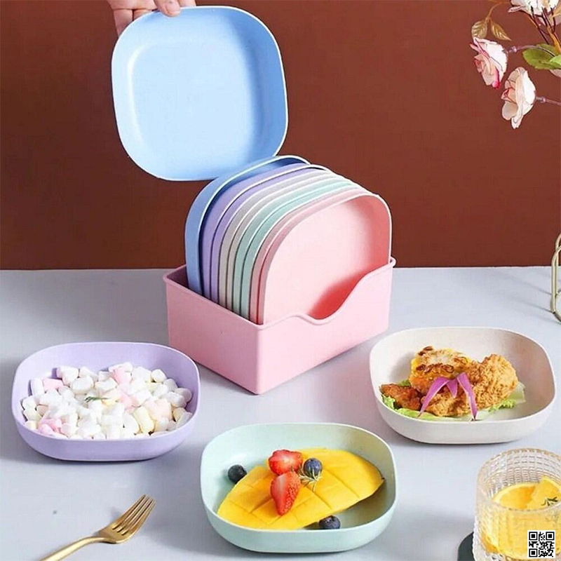 Picture of Square Plastic Dinner Plate Set (Set of 10 / 20 Pcs) Colorful Snacks / Breakfast Plate with Stand