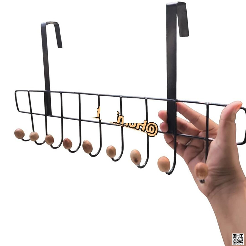 Picture of Door Hooks Sturdy Metal Over Door Wooden Hooks Organizer Rack for Hanging Coats Hats Robes Towels, Bathroom