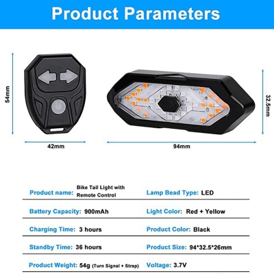 Picture of Bicycle Tail Light USB Rechargable Smart Wireless Remote Control Turn Signal LED Rear Break Light (Black) - সাইকেল