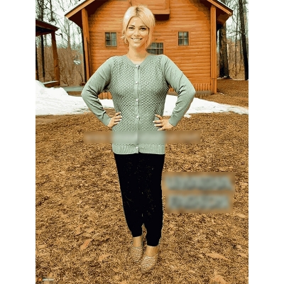 Picture of Stylish Fashionable Winter Dress Knitting Cotton Open Front Long Sleeve Cardigan Sweater for Ladies - Fish Light Green - Int:36