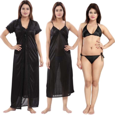 Picture of Fashionable Ladies Silk Satin Night Dress with Four Part Sleeveless Nighties - Comfort for Night - Black - Int:33