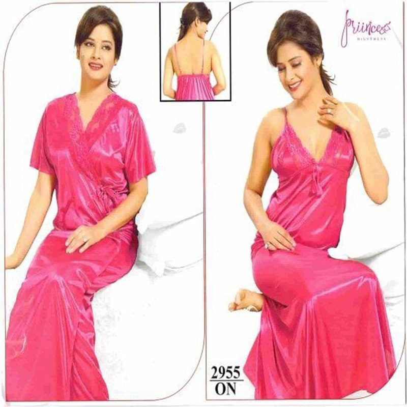 Picture of Fashionable Ladies Silk Satin Night Dress with Four Part Sleeveless Nighties - Comfort for Night - Black - Int:33