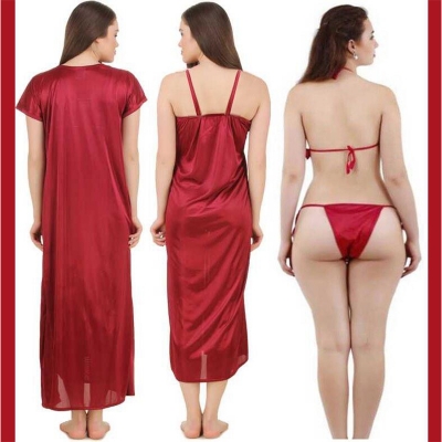 Picture of Fashionable Ladies Silk Satin Night Dress with Four Part Sleeveless Nighties - Comfort for Night - Maroon - Int:34