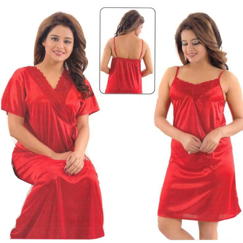 Picture of Fashionable Ladies Silk Satin Night Dress with Four Part Sleeveless Nighties - Comfort for Night - Red - Int:30