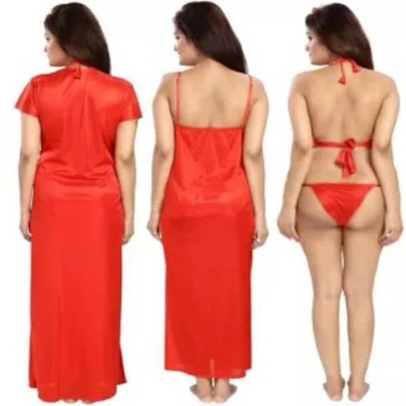 Picture of Fashionable Ladies Silk Satin Night Dress with Four Part Sleeveless Nighties - Comfort for Night - Red - Int:32