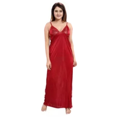 Picture of Fashionable Ladies Silk Satin Night Dress with Four Part Sleeveless Nighties - Comfort for Night - Maroon - Int:36