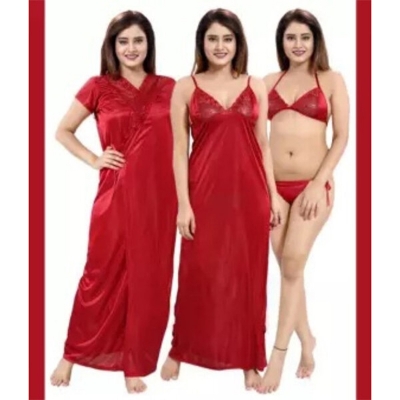 Picture of Fashionable Ladies Silk Satin Night Dress with Four Part Sleeveless Nighties - Comfort for Night - Maroon - Int:36
