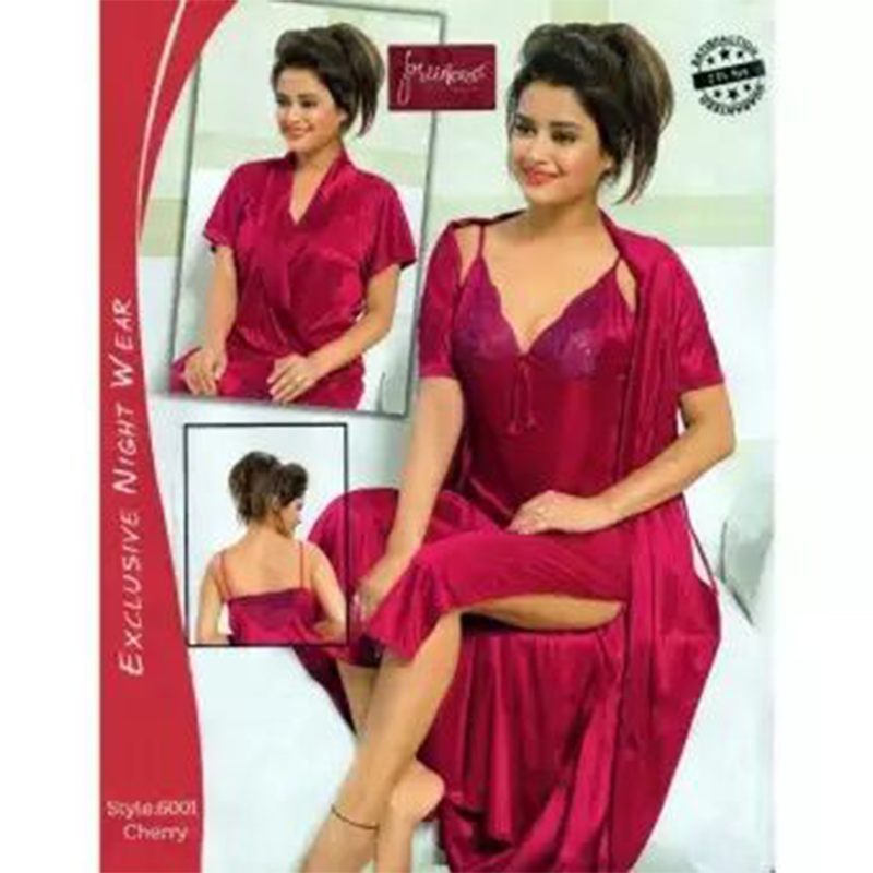 Picture of Fashionable Ladies Silk Satin Night Dress with Four Part Sleeveless Nighties - Comfort for Night - Maroon - Int:36
