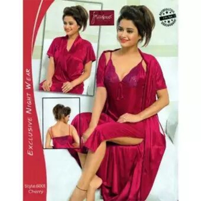Picture of Fashionable Ladies Silk Satin Night Dress with Four Part Sleeveless Nighties - Comfort for Night - Maroon - Int:36