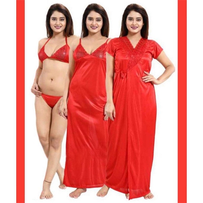Picture of Fashionable Ladies Silk Satin Night Dress with Four Part Sleeveless Nighties - Comfort for Night - Red - Int:36