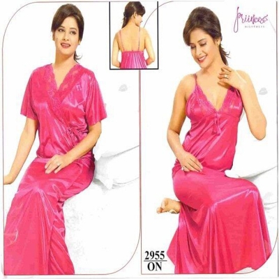 Picture of Fashionable Ladies Silk Satin Night Dress with Four Part Sleeveless Nighties - Comfort for Night - Pink - Int:33