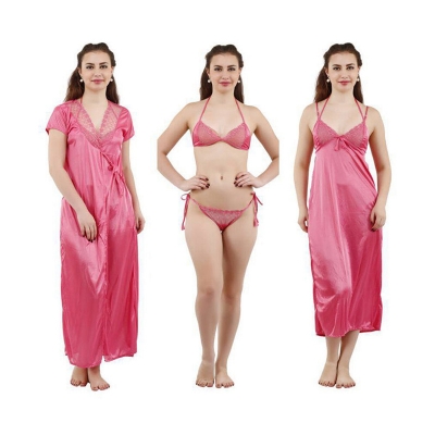Picture of Fashionable Ladies Silk Satin Night Dress with Four Part Sleeveless Nighties - Comfort for Night - Pink - Int:34