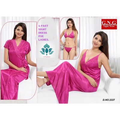 Picture of Fashionable Ladies Silk Satin Night Dress with Four Part Sleeveless Nighties - Comfort for Night - Pink - Int:36