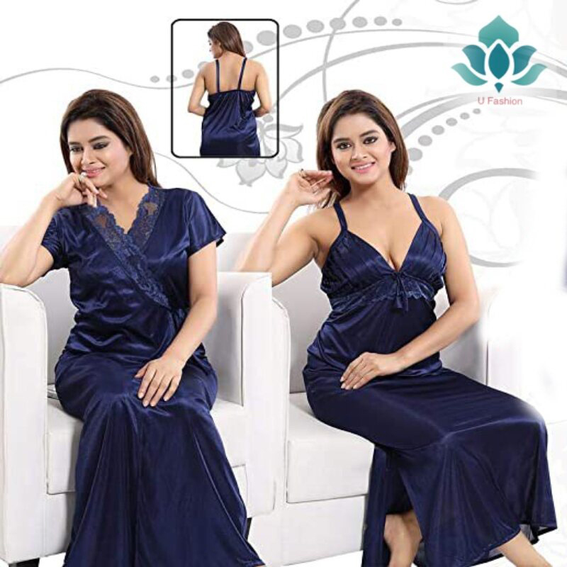 Picture of Fashionable Ladies Silk Satin Night Dress with Four Part Sleeveless Nighties - Comfort for Night - Navy Blue - Int:33