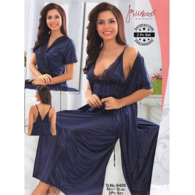 Picture of Fashionable Ladies Silk Satin Night Dress with Four Part Sleeveless Nighties - Comfort for Night - Navy Blue - Int:30
