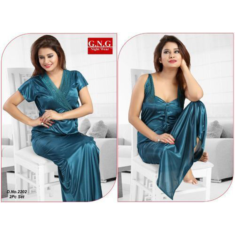 Picture of Fashionable Ladies Silk Satin Night Dress with Four Part Sleeveless Nighties - Comfort for Night - Blue - Int:30