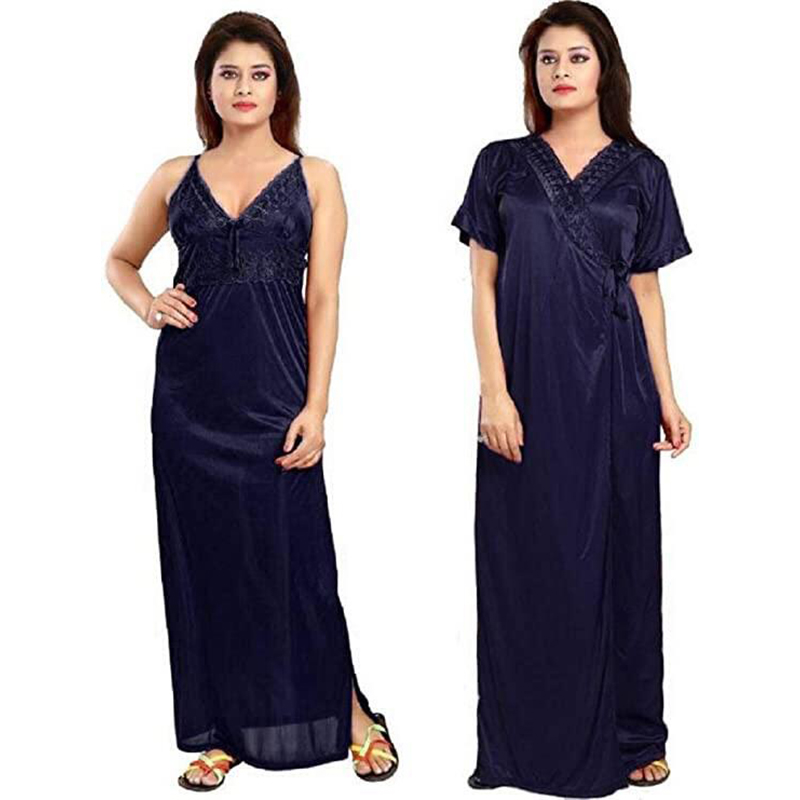 Picture of Fashionable Ladies Silk Satin Night Dress with Four Part Sleeveless Nighties - Comfort for Night - Navy Blue - Int:36