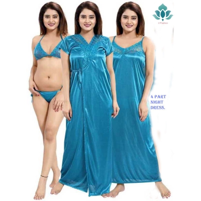 Picture of Fashionable Ladies Silk Satin Night Dress with Four Part Sleeveless Nighties - Comfort for Night - Blue - Int:34