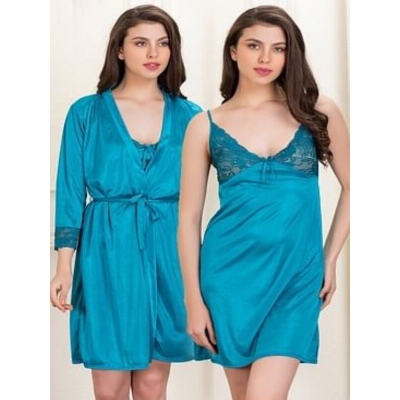 Picture of Fashionable Ladies Silk Satin Night Dress with Four Part Sleeveless Nighties - Comfort for Night - Blue - Int:34