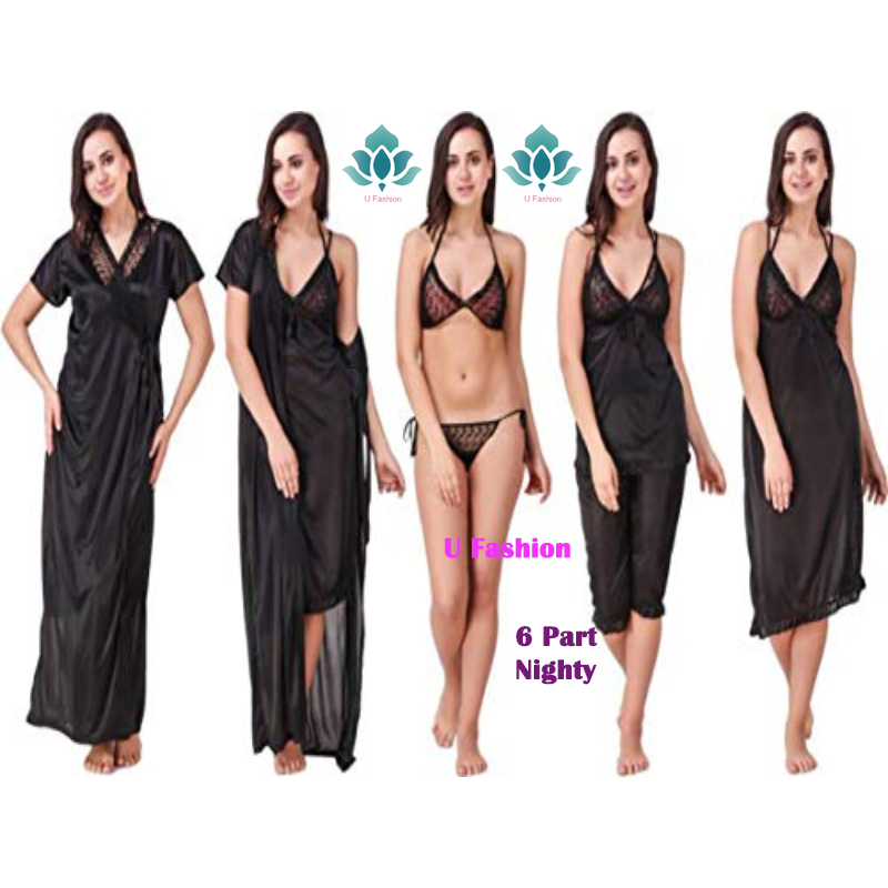 Picture of Fashionable China Glossy Fabrics 6 Part Nighty for Woman Nightdress - Black - Int:38