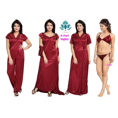Picture of Fashionable China Glossy Fabrics 6 Part Nighty for Woman Nightdress - Maroon - Int:38