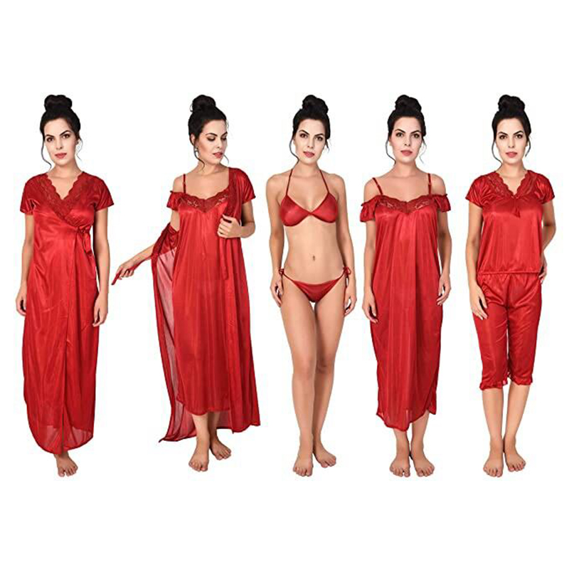 Picture of Fashionable China Glossy Fabrics 6 Part Nighty for Woman Nightdress - Red - Int:33